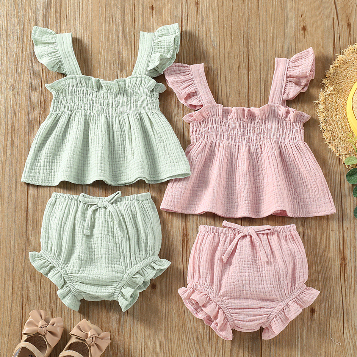 Solid Color Girls' Top & Shorts Set